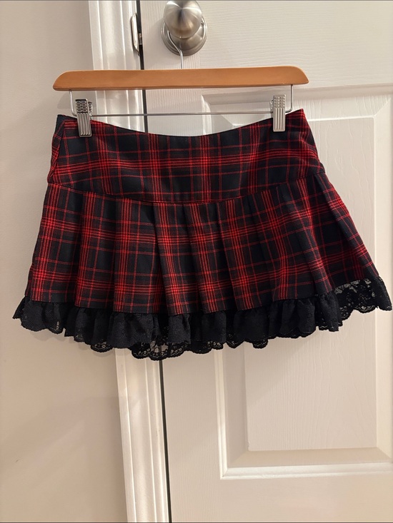 Current Mood Dresses & Skirts - Dolls Kill Red and Black Plaid Pleated Mini Skirt with Lace Hem